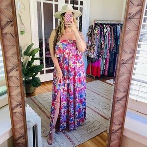 Japna Pink Purple Floral Strapless Maxi Dress